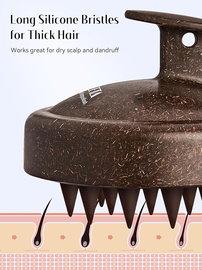 HEETA Scalp Massager Hair Growth, Soft Silicone Scalp Scrubber Shampoo Brush for Exfoliation, Dandruff Removal & Head Massage Stress Relax, Wet & Dry Use for Thick, Thin Hair Care, Dark Brown