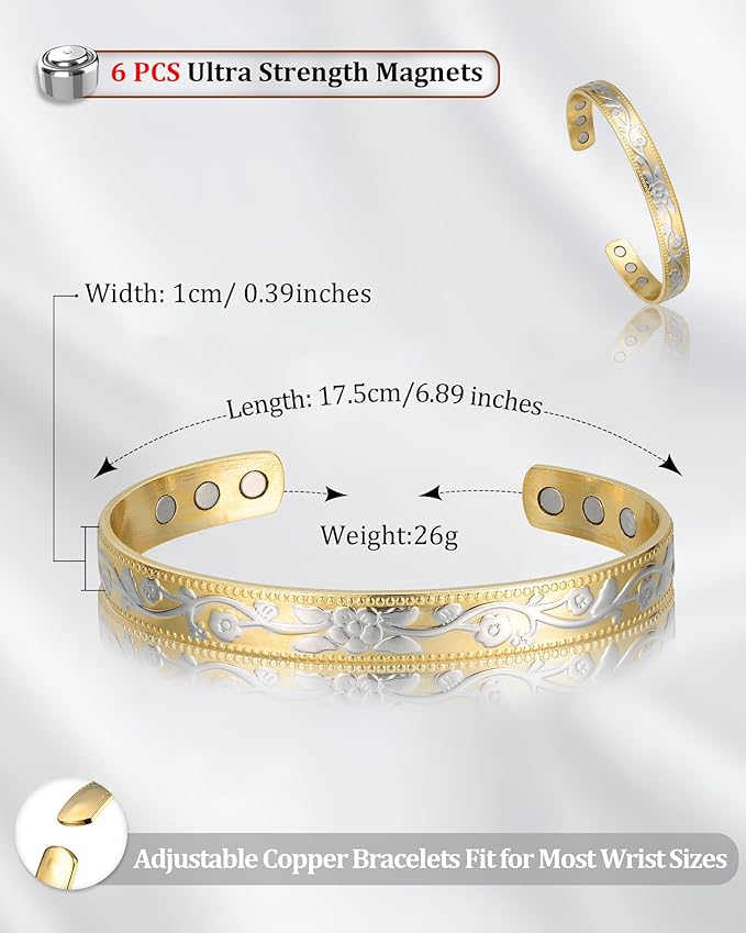 BioMag 2 Pcs Copper Bracelets for Women Men, 99.99% Pure Copper Cuff Bangle with 6 Pcs 3500 Gauss Magnets, Adjustable Size, Intricate Flower Pattern