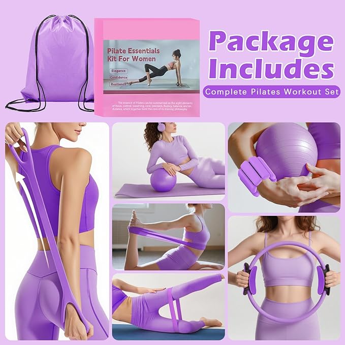 Pilates Kit for Home Workouts – Pilates Equipment Set with Ring, Ball, Resistance Bands, Pilates Accessories, Pilates Essentials Kit for Women, Pilates Sets for Home Exercise