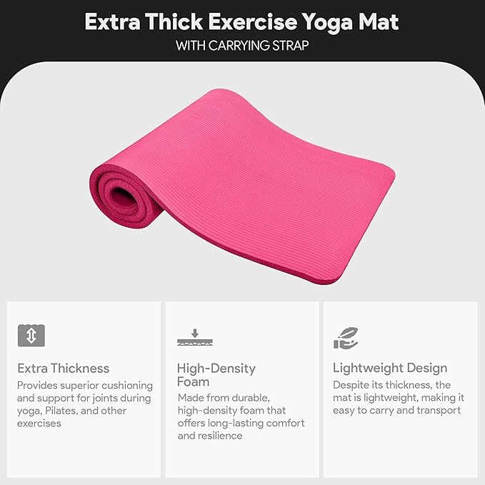 BalanceFrom 71x24 Inches Extra Thick Yoga Mat 1-Inch High-Density Foam – Roll-Up Exercise Pad with Double-Sided Non-Slip Surface and Carrying Strap for Pilates and Home Workouts, Multiple Colors
