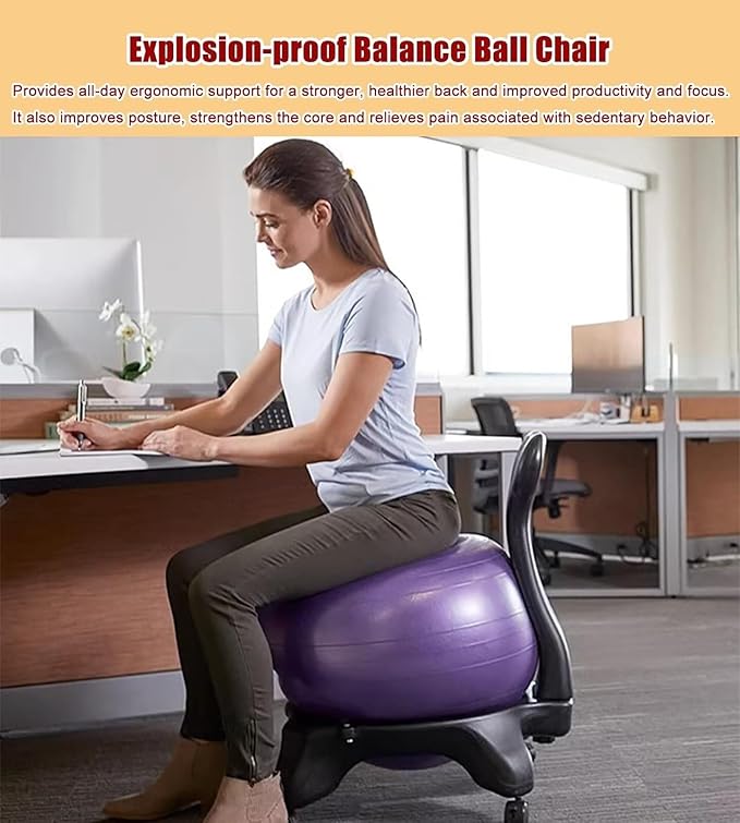 Ergonomic Balance Ball Chair Rolling Stool, Office Desk Exercise Ball Chair with Brakeable Wheels, Realigns Curved Spines and Relieve Back Pain