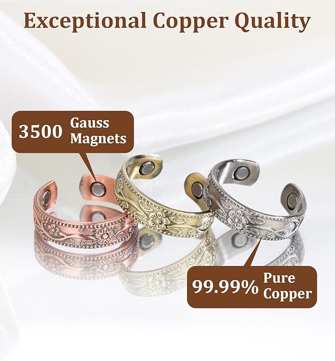 BioMag Magnetic Lymphatic Drainage Ring Set, 3 Pcs 99.99% Pure Copper Rings for Women with 3500 Gauss Magnets, Adjustable Size, Floral Branch and Leaf Pattern
