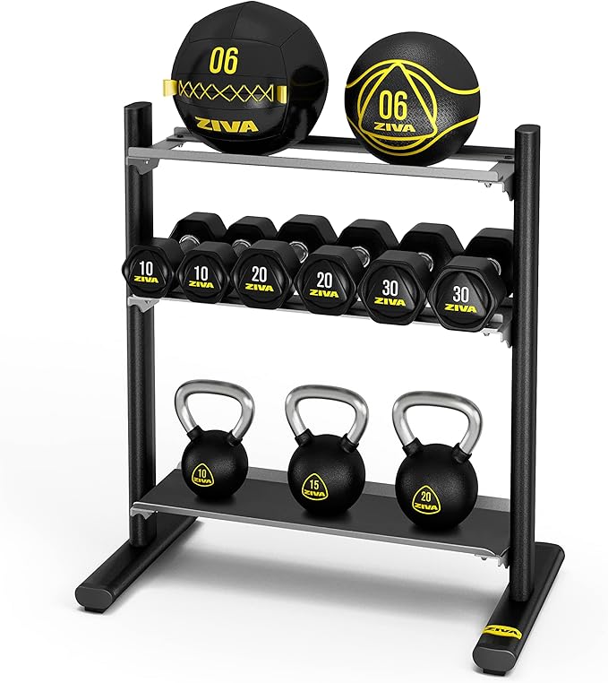 ZIVA Performance 3-Tier Storage Rack - Gym, Home Storage Rack – Steel Oval Tubing – Holds Dumbbells, Wall Balls, Med Balls, Kettlebells, Core Sandbags - Black (Dimensions: H: 118cm, W: 64cm, L: 82cm, Weight: 47kg)