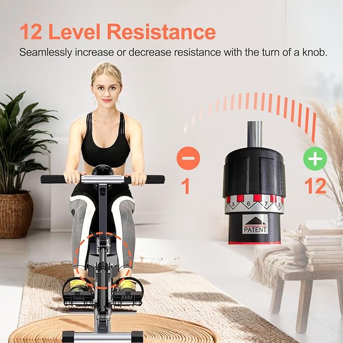 Rowing Machines for Home Foldable,Indoor Fitness Hydraulic Rowing Machine,300LBS Weight Capacity with 12 Levels of Adjustable Resistance,LCD Display for Real-time Recording,Dual Tracks for Quieter