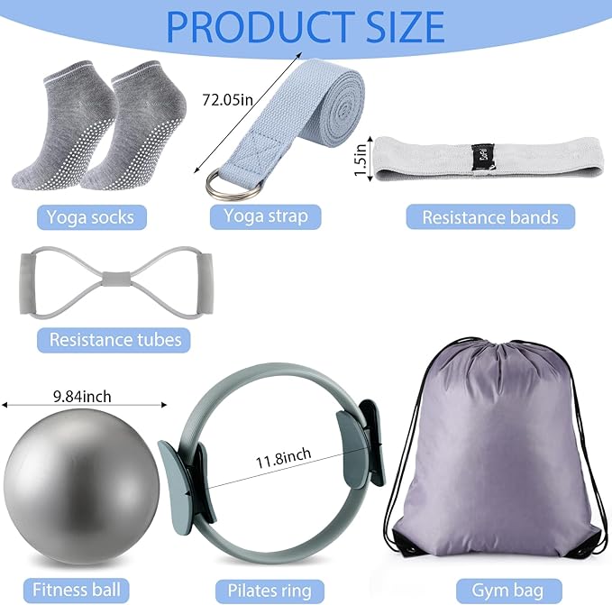 Poen Pilates Equipment Kit for Home Workout Pilates Ring and Ball Set for Women 12'' Circle Yoga Fitness Essentials Kit with Resistance Bands, Yoga Strap, Socks,Bag