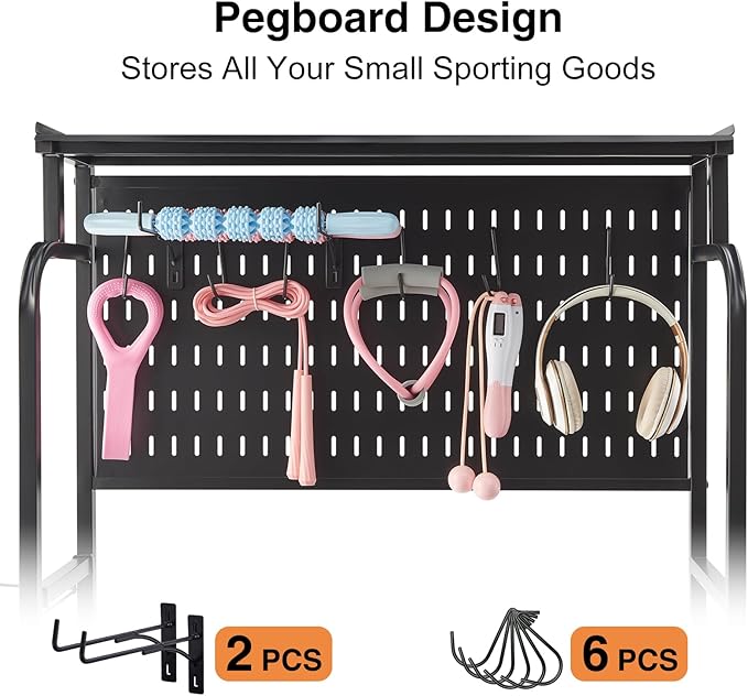 56'' Taller Home Gym Storage Organizer, Yoga Mat Storage Rack with Hanging Board, Exercise Workout Equipment Storage Stand for Home Gym, Dumbbell Holder Kettlebell Rack with Wheels and Hooks