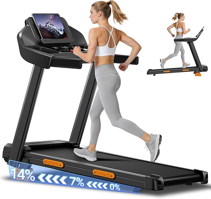 UMAY Treadmills for Home with 14% Incline & Led Screen, 3.0HP Quiet Foldable Treadmill with Handle Bar Up to 360lbs Capacity, 7-Layer Shock-Absorbing Walking Pad Treadmill 0.6-7.2MPH