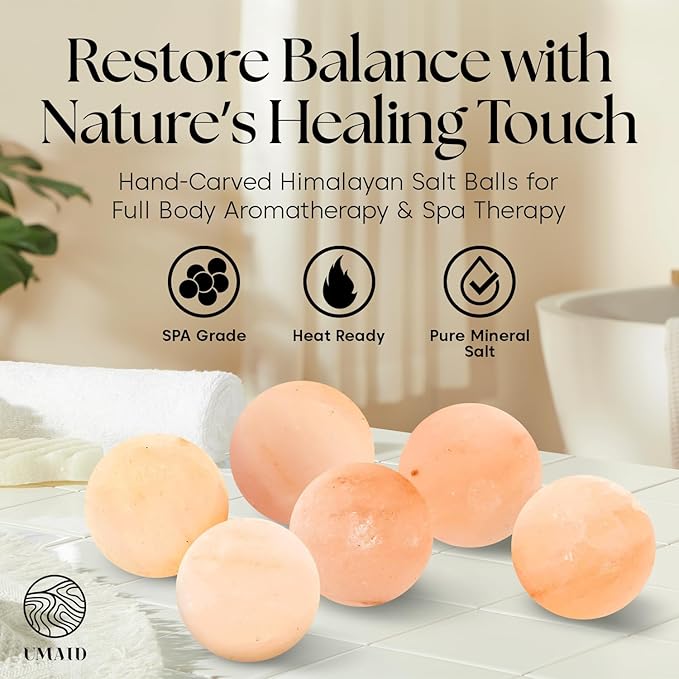 UMAID Himalayan Salt Massage Balls 6-Pack with Cotton Mesh Bag, Natural Therapy Stones for Hot & Cold Muscle Relief, Relaxation & Spa Massage, Warm in Microwave or Chill in Freezer