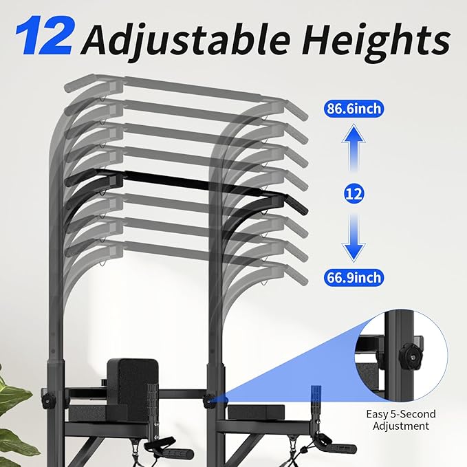 Pull Up Bar Power Tower Dip Station, Adjustable Strength Training Equipment for Home Gym Workout, Multi-Function Pull Up and Dip Bar