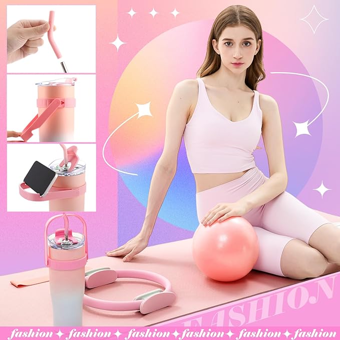 Poen 7 Pcs Pilates Essentials Kit for Women Home Workout Pilates Equipment Ring and Ball Set with 11.81 Inch Circle 9.84 Inch Yoga Ball Resistance Bands Cup Bag Socks for Beginners