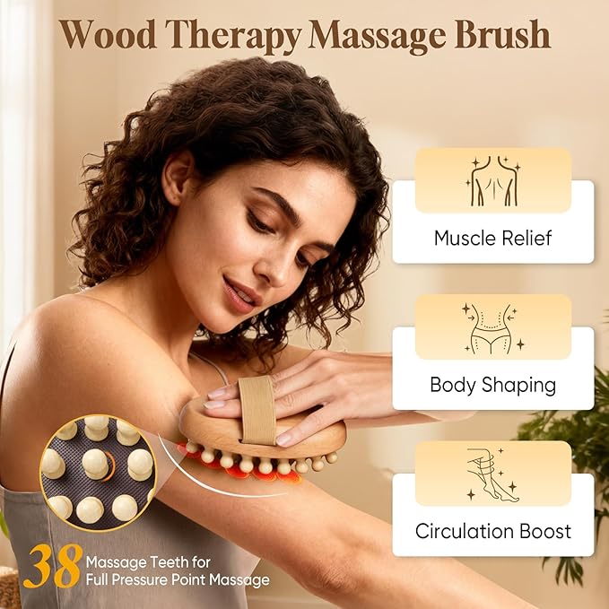awrose 2 Packs Wood Therapy Massage Tools, Manual Meridian Massage Body Brush for Body Sculpting, Wooden Scalp Massager Tools for Cellulite Reduction, Muscle Pain Relief, Birthday Gifts for Women Men