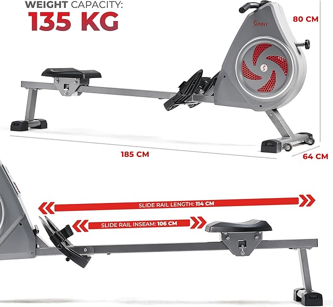 Sunny Health & Fitness Air Strive Smart Rower, Full-Body Training Rowing Machine with Spacious Inseam, Flip-Up Design for Home Gym, Free SunnyFit App Connection, Optional Dual Resistance