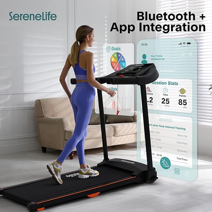 SereneLife Treadmills for Home with 13% Manual Incline Treadmill, 3.5HP - Compact Digital Portable Foldable Treadmill with Speakers, Bluetooth, App Sync, Heart Rate Monitor, for Walking, Running, Gym