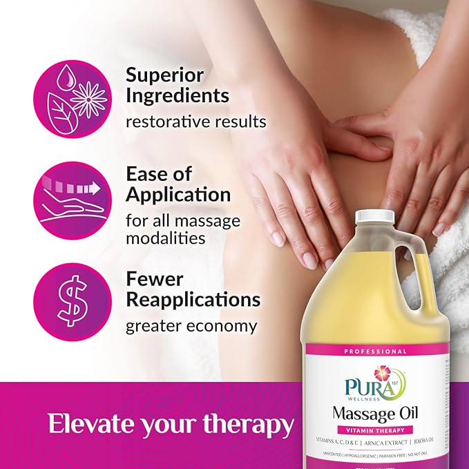 Vitamin Therapy 1 Gallon Massage Oil, Vitamin E, Professional, Massage Therapy, Deep Tissue, Unscented, Hypoallergenic, Natural Ingredients, Skin Hydrating, Moisturizing, Muscle Relief