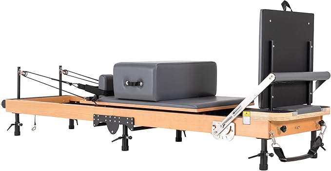 Foldable Oak Wood Pilates Reformer Machine with Reformer Box & Jump Board for Home, Studio, Gym & Yoga - 12-Level Resistance, Adjustable Shoulder Pad, Lightweight Aluminum Frame & PU Leather Carriage
