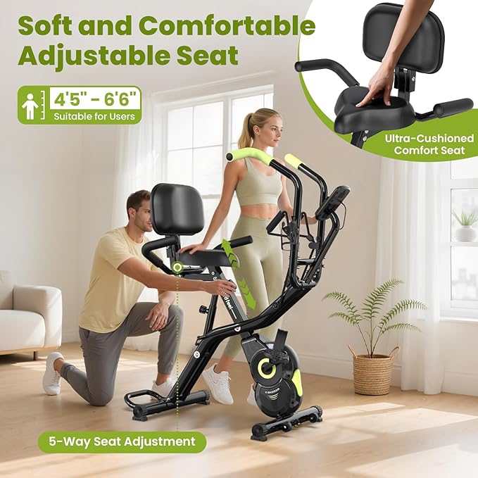 Foldable Exercise Bike, Multifunctional Indoor Stationary Bikes for Home with 8-Level Magnetic Resistance, Quiet Workout Bike with Arm Resistance Bands, LCD Monitor, 300LBS Capacity