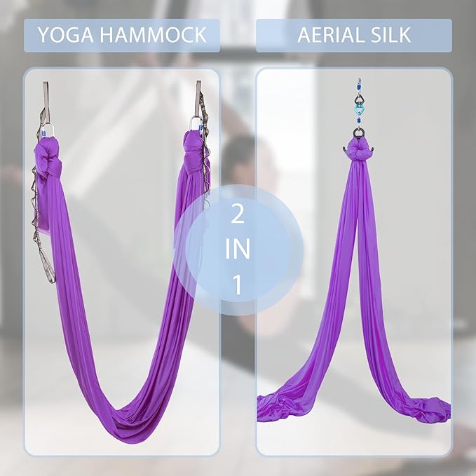 5.5 Yards Aerial Silks Yoga Swing Set - Aerial Yoga Hammock Kit Anti-Gravity Flying for Fitness, Low/Non Stretch Nylon Tricot Fabric Hardware Included for Dance
