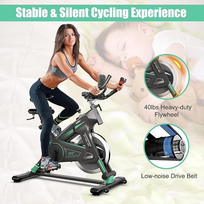 GYMAX Exercise Bike, Stationary Indoor Cycling Bike with 40lbs Flywheel, LCD Display, Adjustable Seat & Handlebar, Quiet Belt Drive for Home Gym Cardio Training Workout Fitness