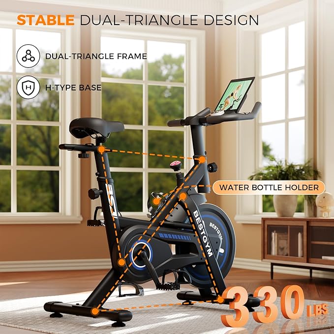 Exercise Bike, Adjustable Resistance Stationary Bikes for Home with App Compatible, Quiet Indoor Cycling Bike with 330lbs Weight Capacity, Comfortable Seat, Silent Belt Drive for Home Fitness and Weight Loss(Friction-Black)