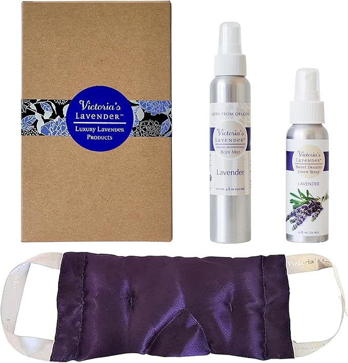 Victoria's Lavender Luxury Aromatherapy Eye Mask Pillow, Body Mist 4 oz, Pillow & Linen Spray 2.5 oz with Lavender Essential Oil, Made in The USA Gift Set Ideal for Lavender Lovers - (Set of 3)