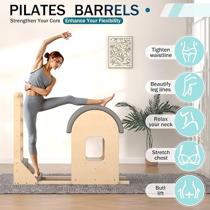 Gray Pilates Ladder Barrel, Wooden Spine Corrector Pilates Machine for Home Workout, Pilates Arc for Balance, Core Strengthening and Stretching-Ngxmky