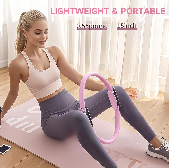 Pilates Essential Kit - Complete Portable Fitness Equipment Set with Toning Ring, Resistance Bands, Loop, Soft Ball & Grip Socks (Pink)