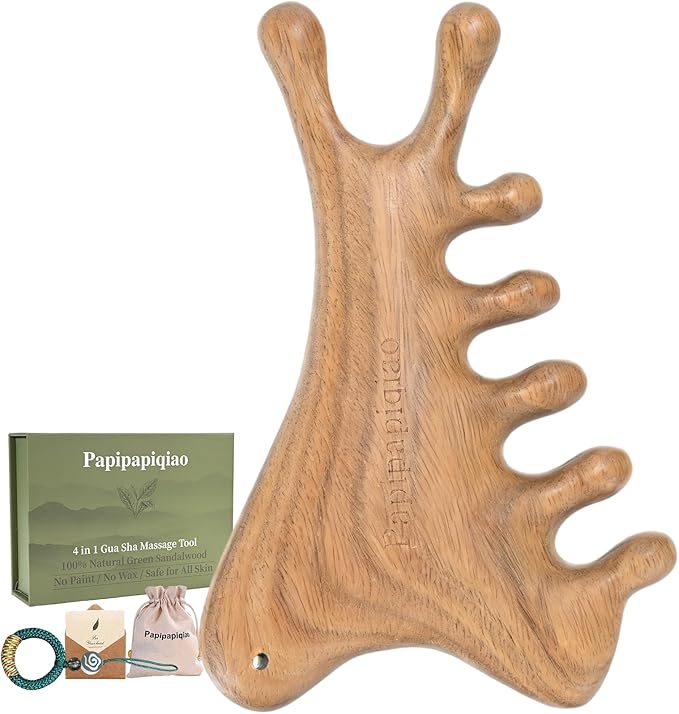 Gua Sha Tool for Face &Body,Gua Sha Sculpting Tool,Wooden Gua Sha Tool Face, Jawline Shaper Lymphatic Drainage Brush,Scalp Massage Tool&Head Scratcher,Face massager,Natural Green SandalWood