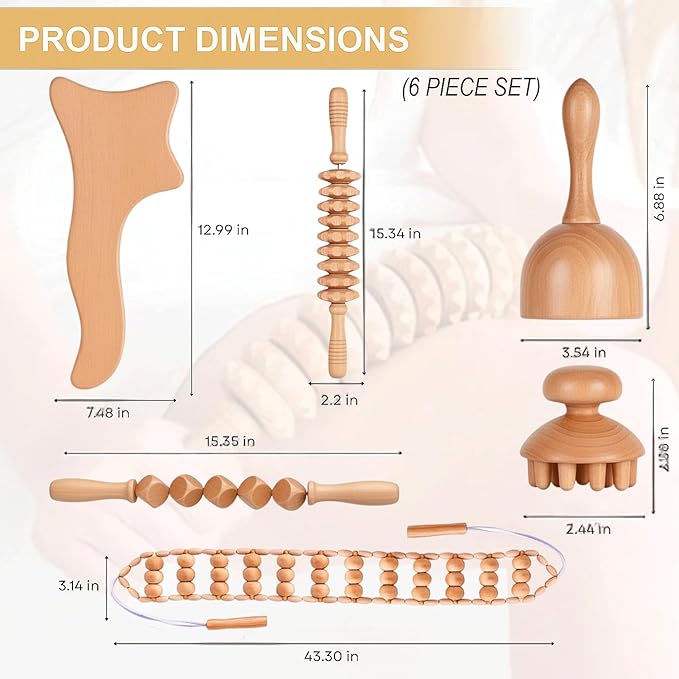 6-in-1 Wood Therapy Massage Tools with a Poly Bag – Lymphatic Drainage Massage Tools for Body Sculpting, Anti-Cellulite & Muscle Relaxation – Wooden Maderoterapia Kit for Face & Body Care