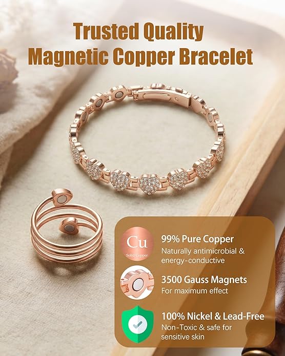 Copper Bracelet & Ring for Women, Ultra Strength Magnetic Bracelet with 3800 Gauss Magnets, Four-Leaf Clover & Infinity Heart Symbol & Crystal, Adjustable Tools and Jewelry Gift Box