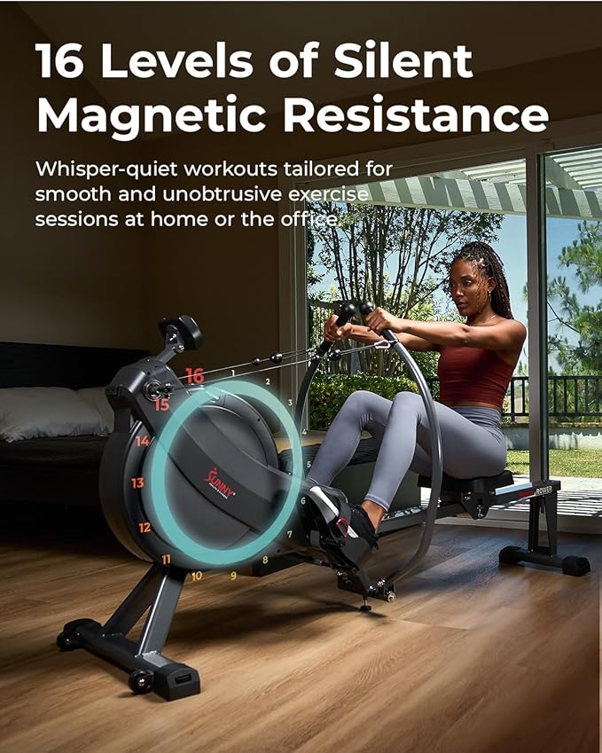 Sunny Health & Fitness Full-Motion Rowing Machine w/Adjustable Resistance, Low-Impact Full-Body Workout Rower w/Long Slide Rail, Space-Saving Design, Free SunnyFit App Connection