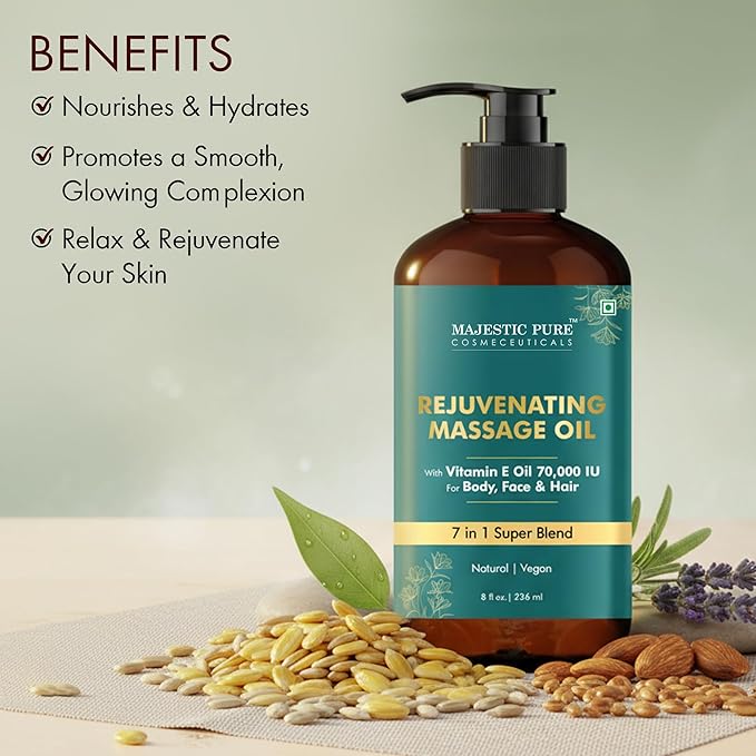 MAJESTIC PURE Vitamin E 70k Blend Massage Oil for Massage Therapy- Refreshing and Relaxing- Natural Oils with Almond, Jojoba, Argan & Avocado for All Skin Types- Men and Women Massage Lotion- 8 fl oz