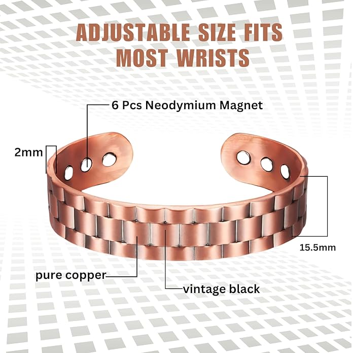 Copper Bracelet for Men and Women, Strength Mens Magnetic Copper Bracelets with 3,800 Gauss Magnets, 99.99% Pure Solid Copper, Handmade Copper Jewelry Gift