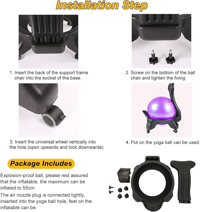 Home Office Ball Chair, Pilates Exercise Yoga Ball Desk Chairs with Ergonomic Chair Back for Improves Back Pain, Core Strengthening Stability Ball Chair