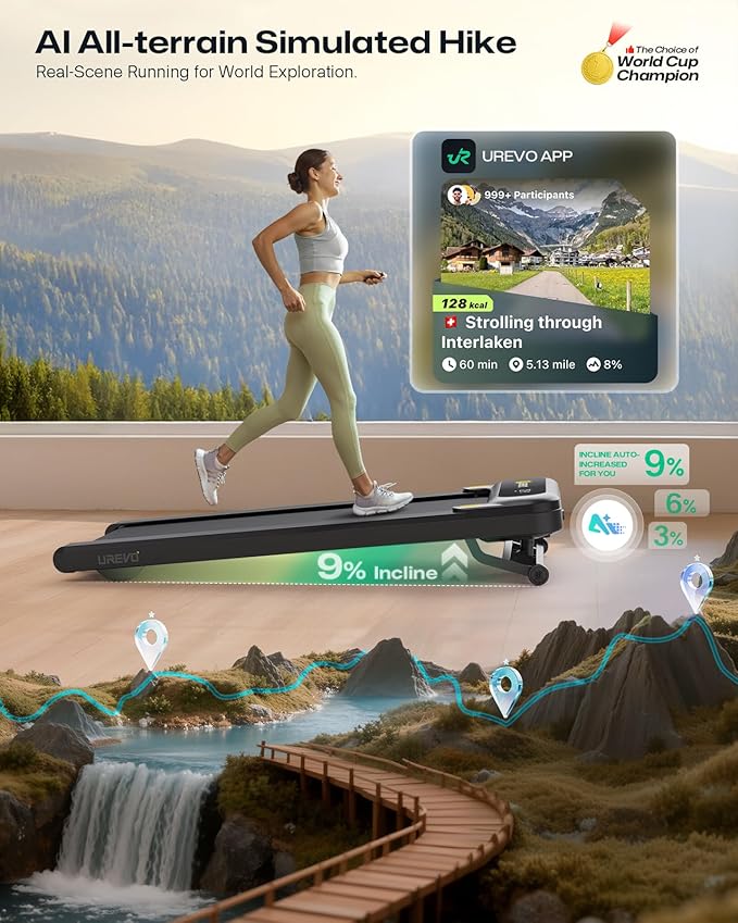 Smart Treadmill with 9% Auto Incline, Hiking and Running Walking Pad Treadmills for Home Office, Treadmill with UREVO APP, AI Powered Music Course, HIIT Programs Synced to Scenic Route, One-Click Mute