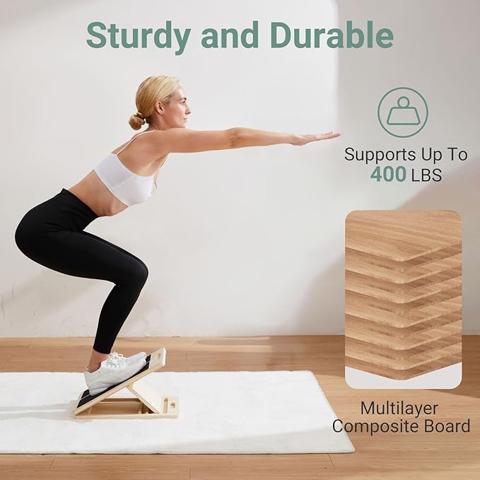 Portable Wooden Slant Board for Calf Stretching, Adjustable 5-Angle Incline Board for Ankle, Heel & Foot Exercise, 400lb Capacity, Includes Training Poster