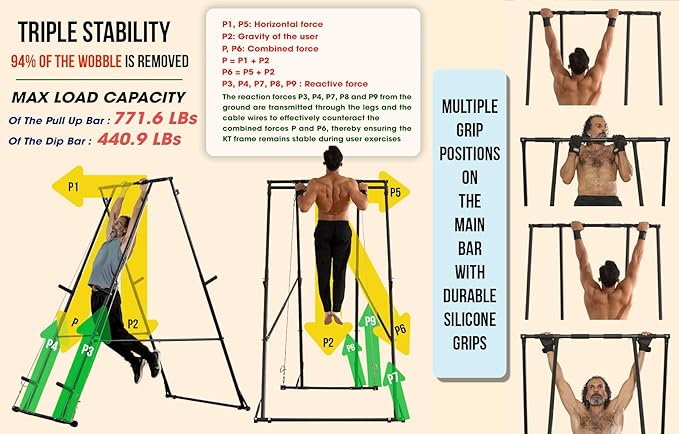 KT Rust-resistant Tall Pull Up Dip Station Squat Rack Foldable Power Tower Stable Multifunctional Exercise Machine Durable Home Gym Strength Training Fitness Equipment Portable Indoor Outdoor Free Standing