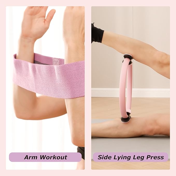 Pilates Ring Set, 15" Pilates Ring, Mini Ball, 3 Resistance Bands & Pump Kit, Home Workout Kit for Toning Arms, Thighs & Core