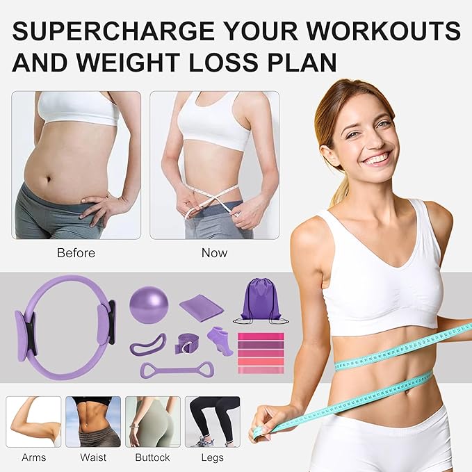 Home Pilates Kit for Women， Pilates Essentials Kit for Women，Pilates Equipment，14 Inch Fitness Circle, 9 Inch Yoga Ball 5 Resistance Bands for Beginners Home Workouts