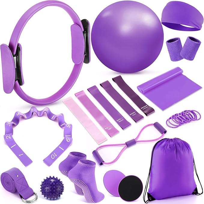 Poen 18 Pcs Home Pilates Ball and Ring Circle Set Yoga Fitness Essentials Kit with 5 Resistance Band Stretching Strap Non Slip Sock Ball Core Slider Wristband Headband Gym Bag for Women