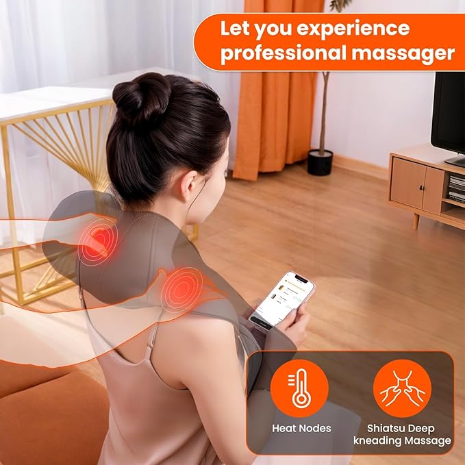 AMZPONY® Cordless Neck Massager for Pain Relief Deep Tissue, Rechargeable Shiatsu Neck and Back Massager with Heat Kneading Shoulder Massage for Body Muscle Pain Relief,Gifts for Dad Mom Friends