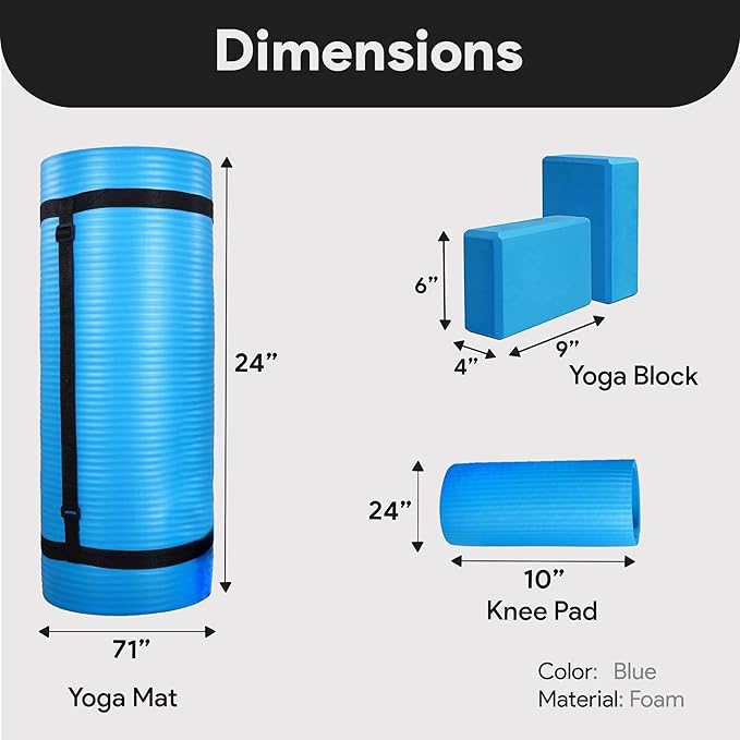 BalanceFrom 71x24 Inches Yoga Mat with Knee Pad and Optional Blocks – Extra 1-Inch Thick Non-Slip Foam with Anti-Tear Surface and Carrying Strap for Home, Studio, or Gym Workouts