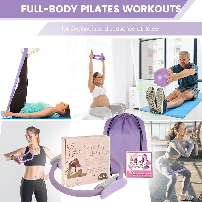 JITUIHOM Home Pilates Essentials Kit for Women - Complete Pink Equipment Set with 9 Inch Yoga Ball, Figure 8 Resistance Band, Bands & Accessories, Ring for Beginners Workouts