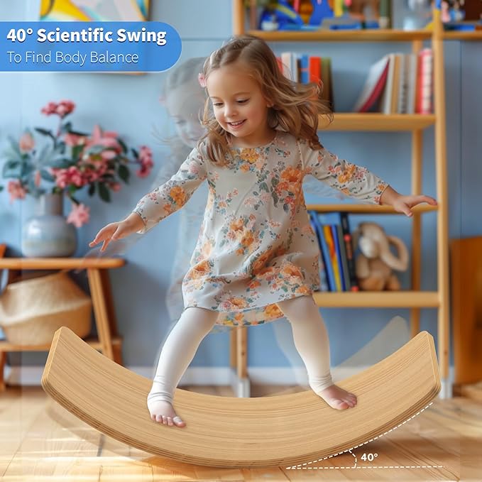 Wooden Wobble Balance Board for Kids, Balance Beam Rocker Board for Toddlers Adults, Montessori Waldorf Learning Toys for Yoga Exercise