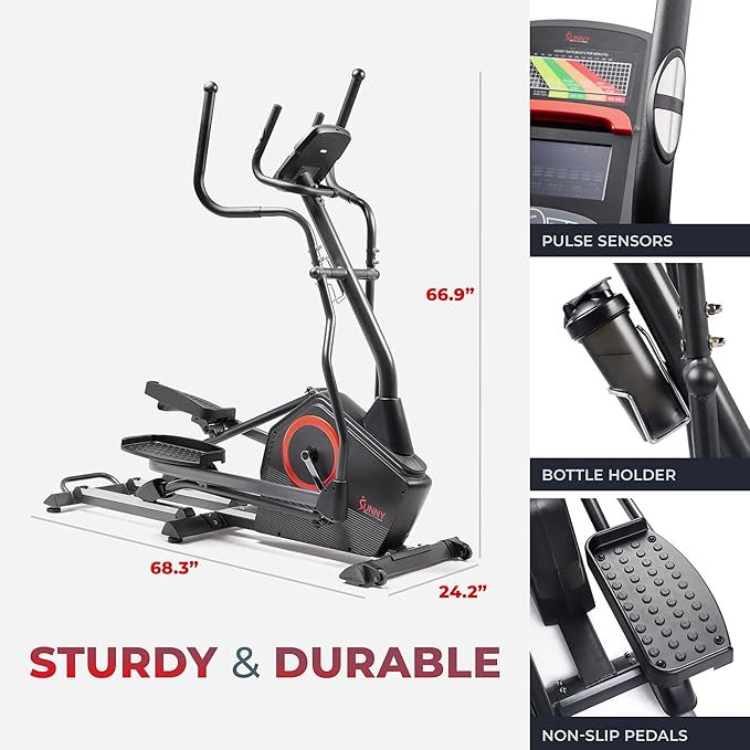 Sunny Health & Fitness Elliptical Exercise Machine, Silent Training, Long Stride Full Body Workout, Adjustable Resistance, Pulse Sensor, SunnyFit App via Bluetooth, Electric or Manual