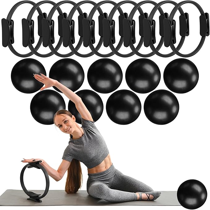 18 Pcs Pilates Ring and Ball Set Pilates Equipment for Home Workout 11.8 Inch Magic Circle Rings with Padded Handles, Small Yoga Balls for Strength, Fitness, Toning and Flexibility, Black
