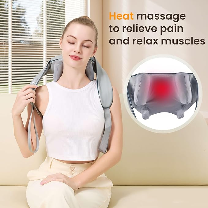 4D Wireless Deep Tissue Kneading Neck Massager,Shiatsu and Shoulder Massage Pillow,Massager with Heat,Back and Leg Pain Relief, Body Muscle Pain Relief, Perfect Gifts for Men Women. (Grey)