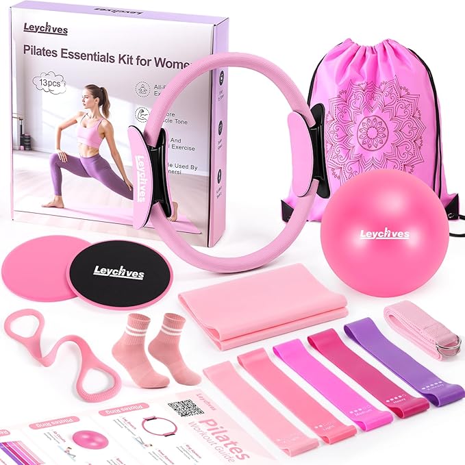 Home Pilates Essentials Kit for Women, Magic Circle Pilates Equipment Ring and Ball Set, 6 Resistance Bands Workout Guide Video for 28 Day Pilates Essential Challenge Starter Kit for Beginners