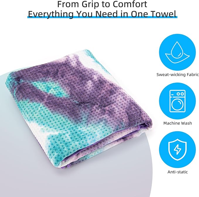 YESLIFE Non-Slip Extra Thick Hot Yoga Towel with One Sweat Towel, Microfiber Sweat Absorbent Yoga Mat Towel with Grip Dot, Pilates Mat, 72" x 24", Green&Purple