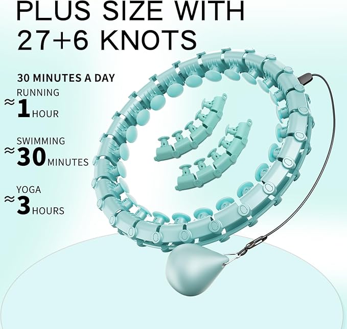 Coolboss Weighted Workout Hula Circle 33 Knots Infinity Hoola Fit Hoop Plus Size for Adult Weight Loss - Smart Exercise Waist Ring, Detachable & Adjustment Silent Fitted Equipment Cyan