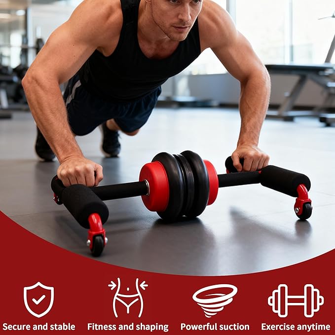 Multifunctional Ab Wheel Roller with Resistance Bands & Knee Pad, Detachable Abdominal Exercise Wheel with Suction Sit-Up Bar for Core Strength Training & Home Gym Workout